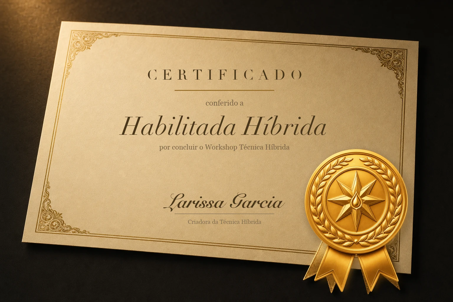 Certificado com o selo Habilitada Híbrida, assinado por Larissa Garcia